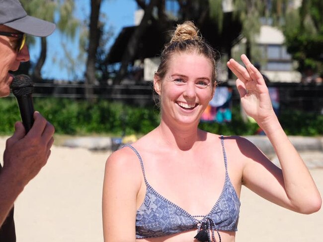 Paige Moorehead in the post race interview after winning the 2021 Island Charity swim event. Picture: Island Charity Swim Facebook