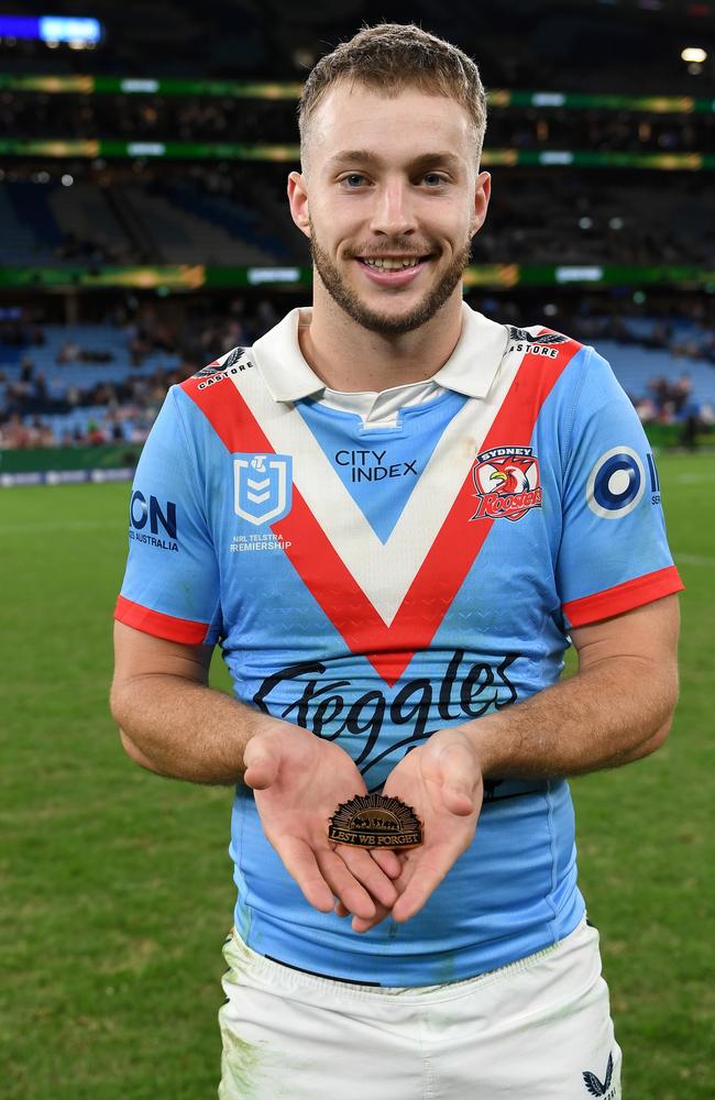 Sam Walker is in fine form for the Roosters, receiving the Ashton Collier Spirit of Anzac Medal in round eight. Picture: NRL Photos