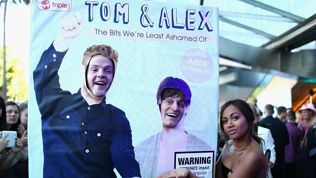 Triple J's Tom Ballard and Alex Dyson pose with Jessica Mauboy. Picture: Getty Images