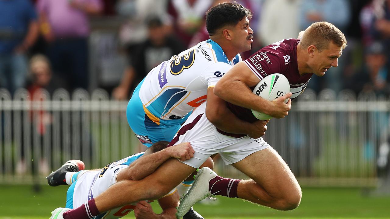 Tom Trbojevic put on a show for NRL fans in Mudgee when the Sea Eagles crushed the Titans in round six. Picture: Mark Metcalfe/Getty Images