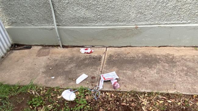 Bloody items at the scene of this morning’s stabbing at Kilburn. Photo: Dixie Sulda / The Advertiser.