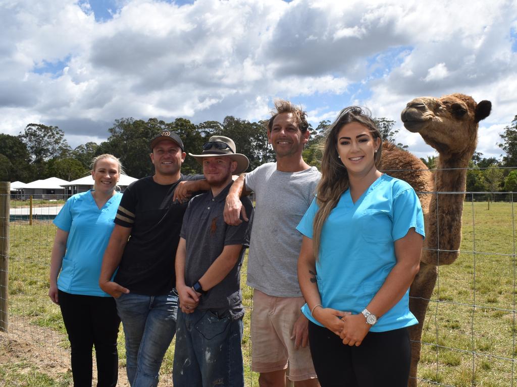 Oceania Immunisation nurses Natalie Sellick and Kristy Cameron with Lifestyle Supports' staff Omar Suleiman and Dan Brown, and client Arie Visser (middle) with some of the Diddillibah farm animals. Picture: Matty Holdsworth