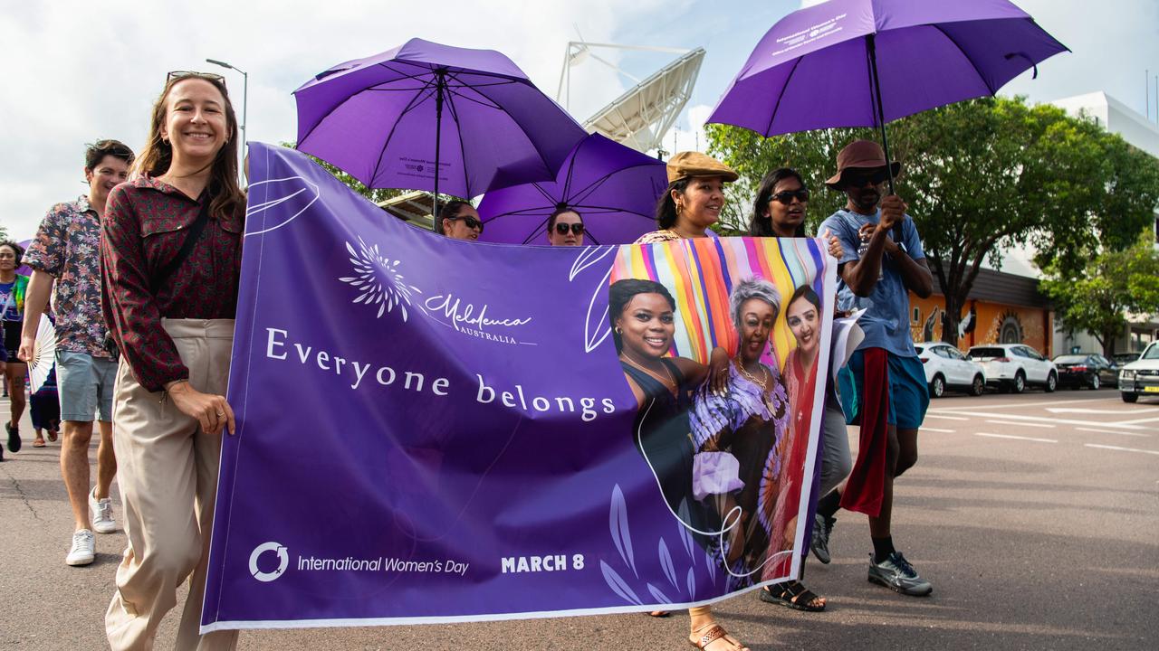 Territorians banded together to march the streets of Darwin in commemoration of the upcoming International Women's Day. Picture: Pema Tamang Pakhrin