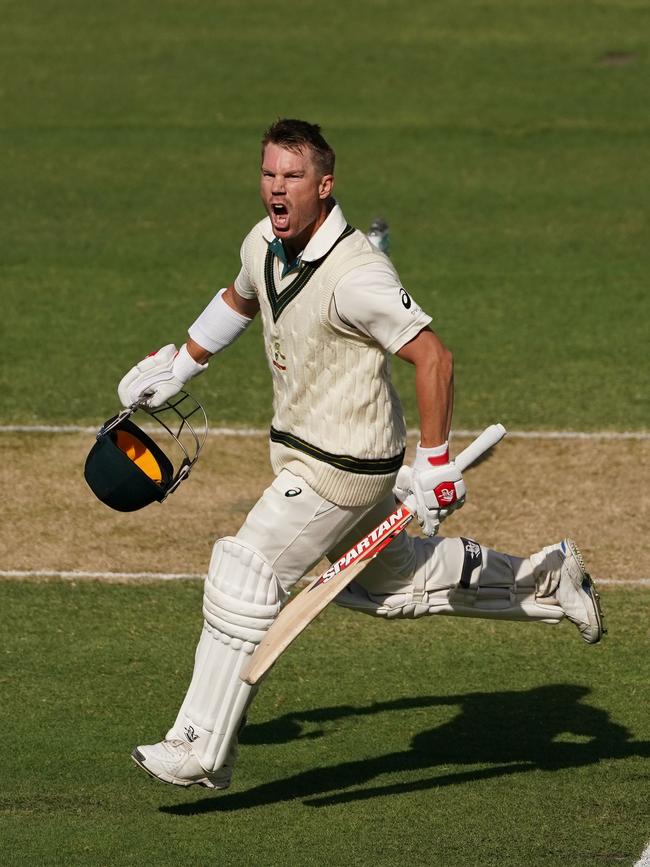 A celebration to remember for David Warner. Picture: AAP/Scott Barbour