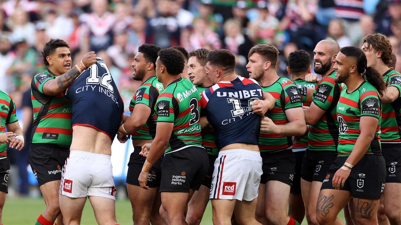 SYDNEY, AUSTRALIA - SEPTEMBER 11: Latrell Mitchell of the Rabbitohs scuffles with Nat Butcher of the Roosters during the NRL Elimination Final match between the Sydney Roosters and the South Sydney Rabbitohs at Allianz Stadium on September 11, 2022 in Sydney, Australia. (Photo by Mark Kolbe/Getty Images)