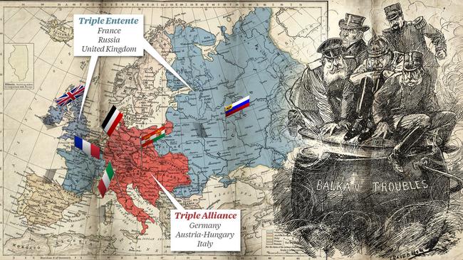 Caught in the middle ... Belgium is the tiny bit of neutral-coloured territory between the grey-shaded area of France and the red-shaded area of Germany and Austria-Hungary.