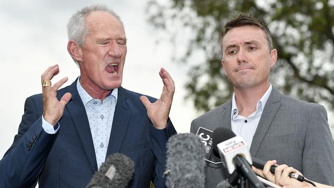 One Nation party officials Steve Dickson (left) and James Ashby have been caught in an Al-Jazeera investigation which exposed the party's efforts to secure funding from the NRA. Picture: AAP/Dave Hunt