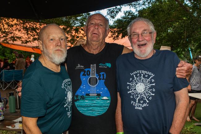 Bob Barford from the Whitsundays, Bony Jack from Rossville and Scott Balfour from Alice Springs at Wintermoon Festival at Mount Charlton.Picture: Michaela Harlow
