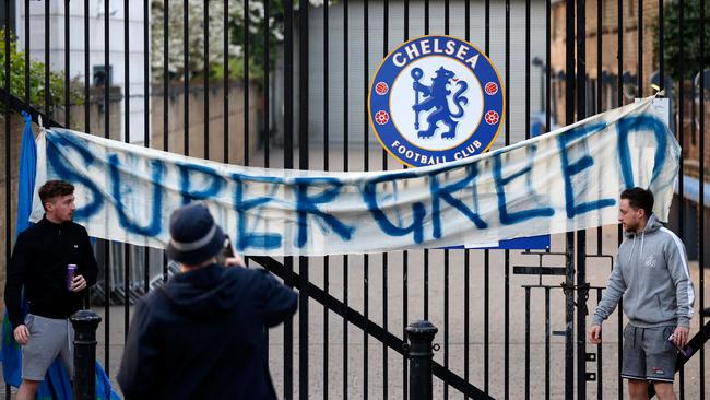 Chelsea fans voice their disapproval of the European Super League in London. Picture: Adrian Dennis/AFP