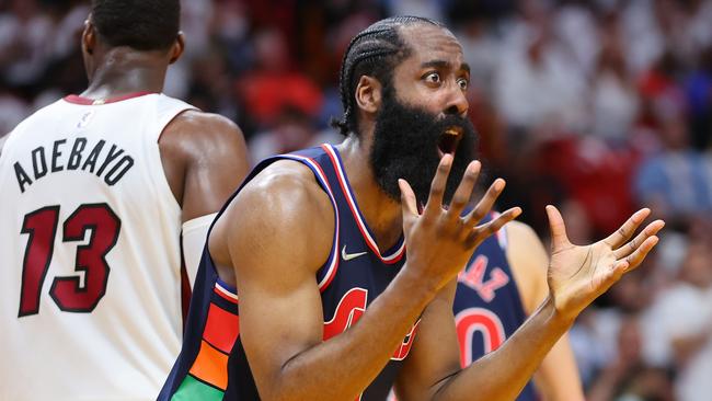 MIAMI, FLORIDA - MAY 04: James Harden #1 of the Philadelphia 76ers reacts against the Miami Heat during the second half in Game Two of the Eastern Conference Semifinals at FTX Arena on May 04, 2022 in Miami, Florida. NOTE TO USER: User expressly acknowledges and agrees that, by downloading and or using this photograph, User is consenting to the terms and conditions of the Getty Images License Agreement. (Photo by Michael Reaves/Getty Images)