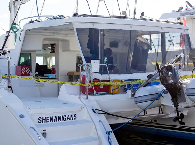 The couple sailed the world on Shenanigans, pictured at the Denarau Marina in Fiji. The yacht has since been moved to a different location. Picture: Mark Stewart