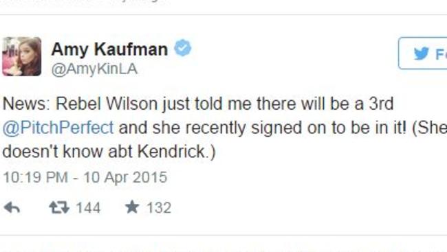 Confirmation ... Los Angeles Times’ film writer Amy Kaufman said Rebel Wilson told her Pitch Perfect 3 was happening. Picture: Twitter/Amy Kaufman