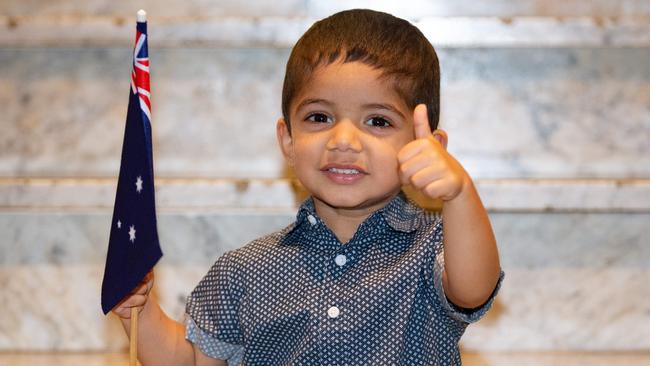 Srithan Pandiri, 2 was youngest person to become a citizen at the Melbourne Town Hall ceremony. Picture: Sarah Matray