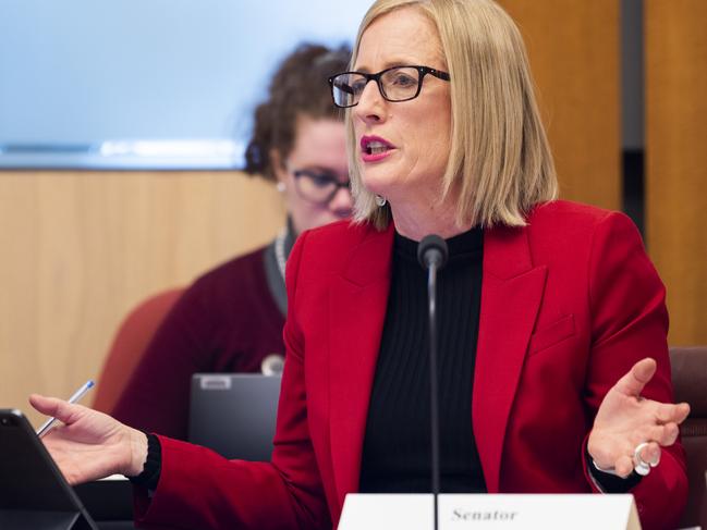 Senator Katy Gallagher reacts to responses at the Health Department and Therapeutic Goods Administration appearances at senate estimates in Canberra today. Picture: NCA NewsWire / Martin Ollman