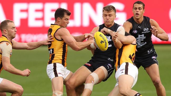 Hawks swarmed Patrick Cripps, but he still found a mountain of it. Picture: Getty Images