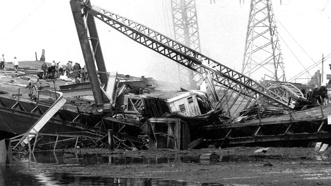 A collapsed section of the bridge.