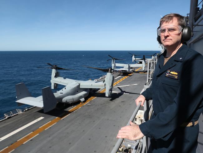 Rear Admiral Fred Kacher looking over the flight deck on the USS Wasp during Exercise Talisman Sabre 2019 off the coast of Shoalwater Bay. Picture: Peter Wallis