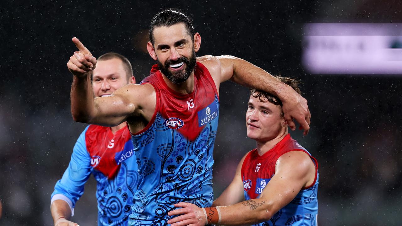 ADELAIDE, AUSTRALIA - MAY 19: Brodie Grundy of the Demons celebrates a goal during the 2023 AFL Round 10 match between Yartapuulti/Port Adelaide Power and Narrm/Melbourne Demons at Adelaide Oval on May 19, 2023 in Adelaide, Australia. (Photo by James Elsby/AFL Photos via Getty Images)