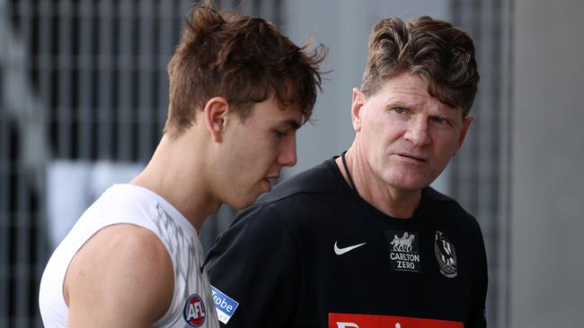 Harvey talks with Callum Brown ahead of Saturday’s clash with the Dockers. Picture: Michael Klein