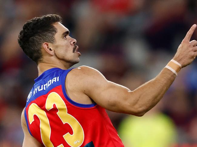 MELBOURNE, AUSTRALIA - APRIL 11: Charlie Cameron of the Lions celebrates a goal during the 2024 AFL Round 05 match between the Melbourne Demons and the Brisbane Lions at the Melbourne Cricket Ground on April 11, 2024 in Melbourne, Australia. (Photo by Michael Willson/AFL Photos via Getty Images)