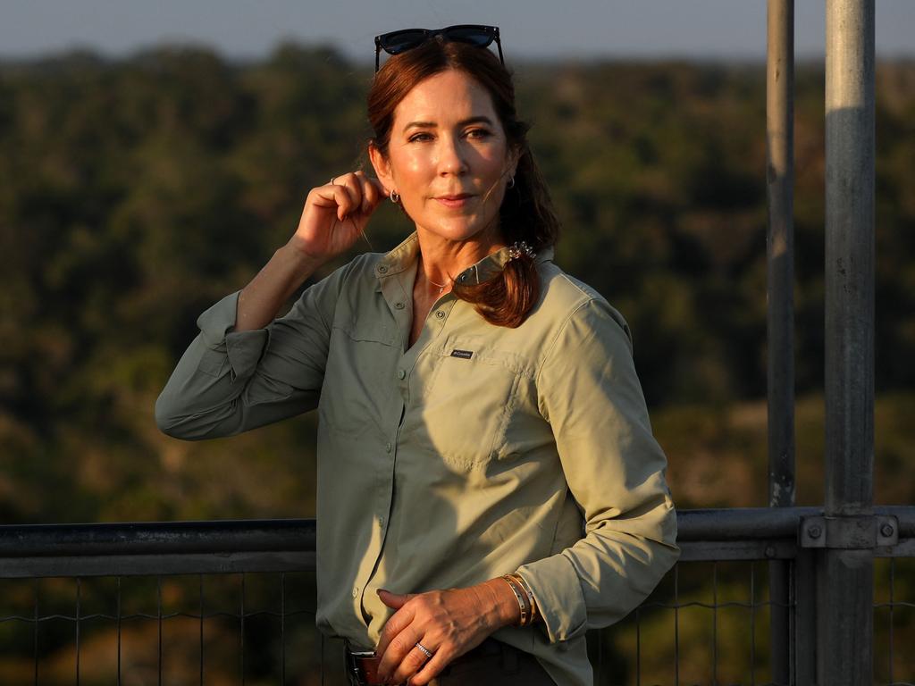 Queen Mary of Denmark gestures on the observation tower during a visit to the Museum of the Amazon in Brazil. Picture: AFP