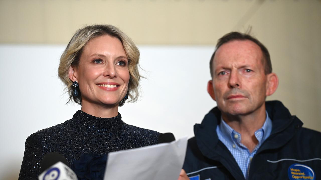 Katherine Deves and former Prime Minister Tony Abbott during her Waringah concession speech. Picture: Jeremy Piper