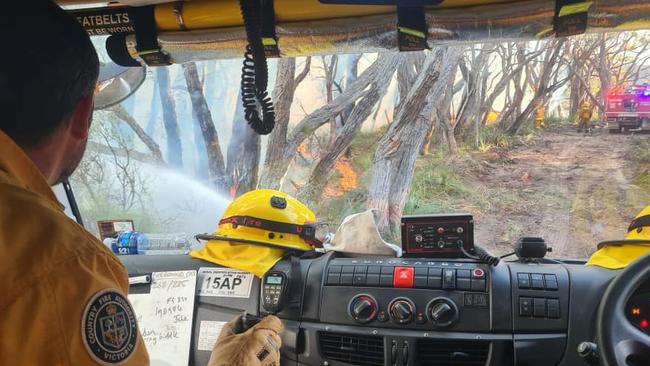 The Birregurra CFA crew battling bush fires on Wednesday morning near Apollo Bay, close to the Otway National Park. Picture: Facebook / CFA Birregurra
