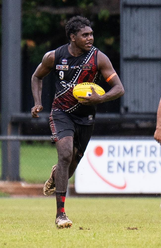 Anthony Munkara playing for the Tiwi Bombers in the 2024-25 NTFL season. Picture: Jack Riddiford / AFLNT Media