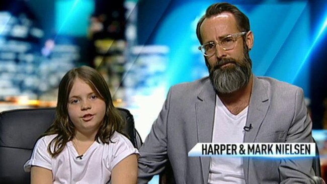 Harper Nielsen (left) and her father, Mark Nielsen, appear on The Project. Photo: Channel 10