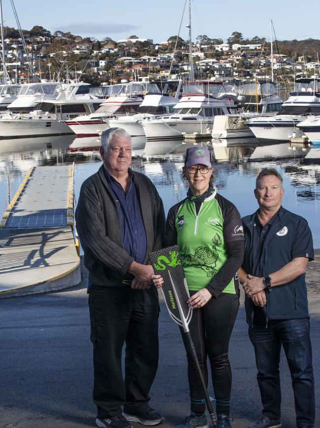 Lindisfarne RSL President Chris Parker, Derwent Storms dragon boat paddlers Marianne Stephenson and Motor Yacht Club of Tasmania Commodore Brian Edmonds support a ferry terminal at Natone Street. Picture: Chris Kidd