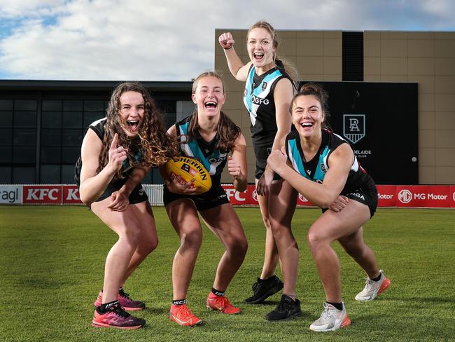 Port Adelaide players Lauren Young, Jemma Whitington-Charity, Marlie Fiegert, and Chloe Whitington-Charity. Picture: Sarah Reed