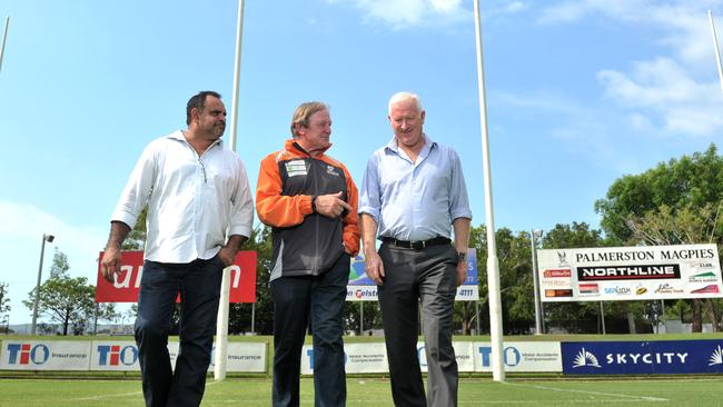 NT football legend Michael Long, former Essendon and GWS coach Kevin Sheedy and former AFLNT chief executive Tony Frawley at TIO Stadium prior to the development of the Michael Long Centre. Picture: JUSTIN SANSON.