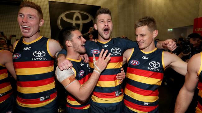 Bryce Gibbs celebrates his 250th game and the Showdown win against Port Adelaide. Picture: James Elsby/AFL Media/Getty Images