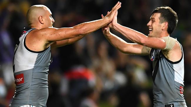 Sam Powell-Pepper and Zak Butters celebrate for Port. Picture: AFL Photos/Getty Images