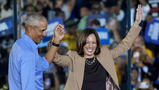 Kamala Harris with Barack Obama at a rally in Clarkston, Georgia. Picture: AP