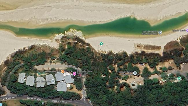 An aerial view of Cylinder Beach on North Stradbroke Island with the hotel in the foreground and the beach at the top of the image. Picture: Google Maps