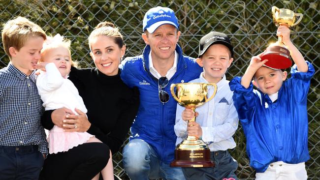 Jockey Kerrin McEvoy with his family the day after winning the 2018 Melbourne Cup. From left, Charlie, Eva, his wife Cathy, Jake and Rhys. Picture: Nicole Garmston