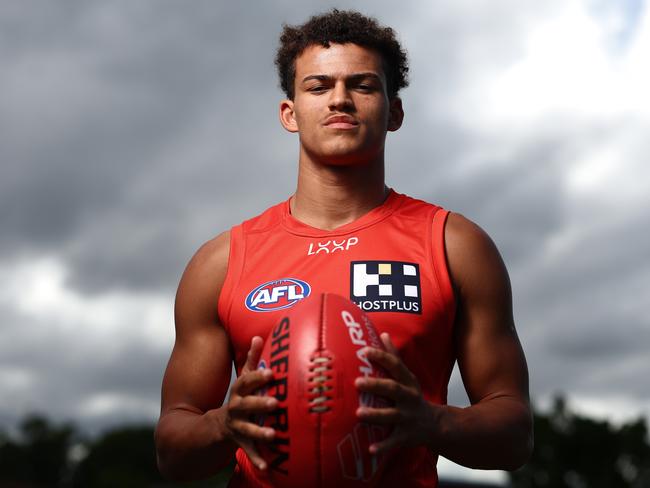 Gold Coast Suns AFL draftee Leo Lombard poses in the Suns new guernsey. Picture: Chris Hyde/Getty Images.