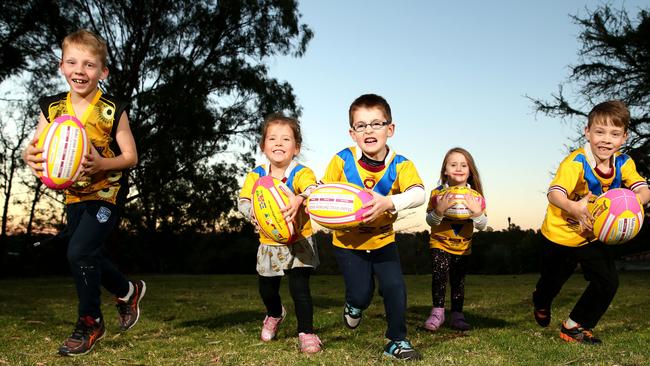 Nathan Gremmo’s cousins, Jett Gremmo 8, Raphael Gremmo 3, Ethan Hawkins 6, Isabel Hawkins 4 and Koby Gremmo 6, pose for a photograph to promote Jersey Day which is on Friday, September 1. Picture: Justin Sanson