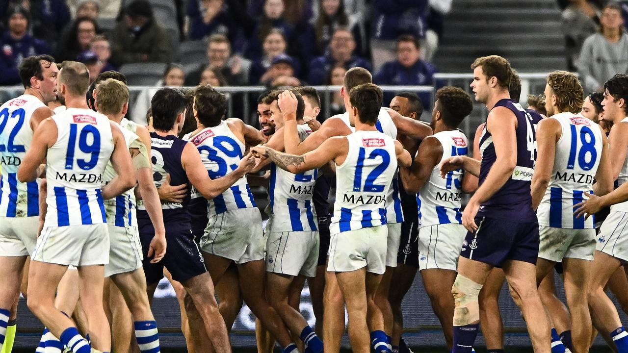 It blew up between the Roos and Dockers at three-quarter time. Picture: AFL Photos/Getty Images