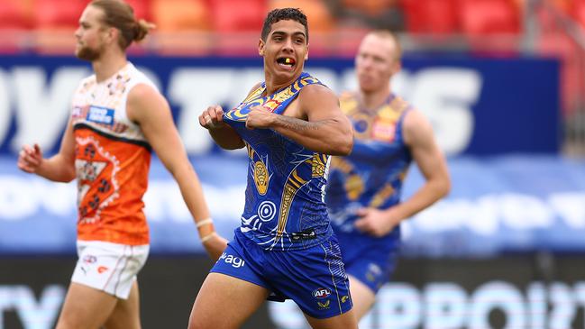 SYDNEY, AUSTRALIA - MAY 22: Isiah Winder of the Eagles celebrates kicking a goal during the round 10 AFL match between the Greater Western Sydney Giants and the West Coast Eagles at GIANTS Stadium on May 22, 2022 in Sydney, Australia. (Photo by Mark Metcalfe/AFL Photos/Getty Images)