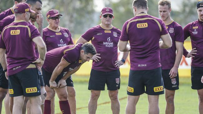 Queensland coach Kevin Walters with his players on the Gold Coast. Picture: AAP