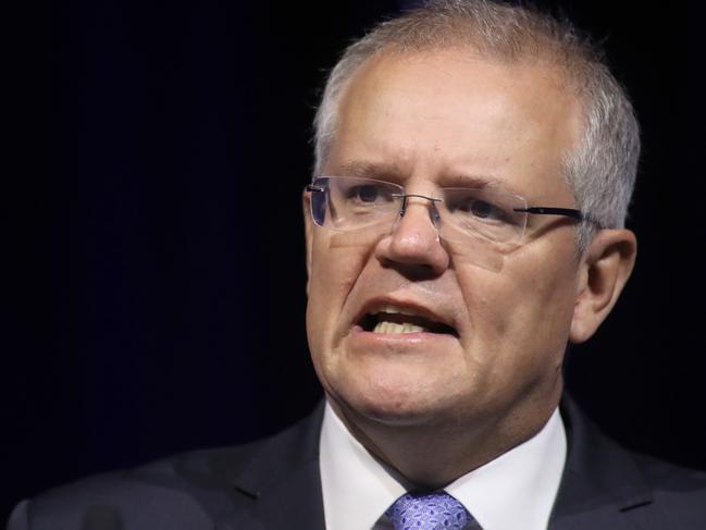 Prime Minister Scott Morrison speaks at the South Australian Liberal party Annual General Meeting at the Adelaide Convention Centre in Adelaide, Saturday, August 17, 2019.  (AAP Image/Kelly Barnes) NO ARCHIVING