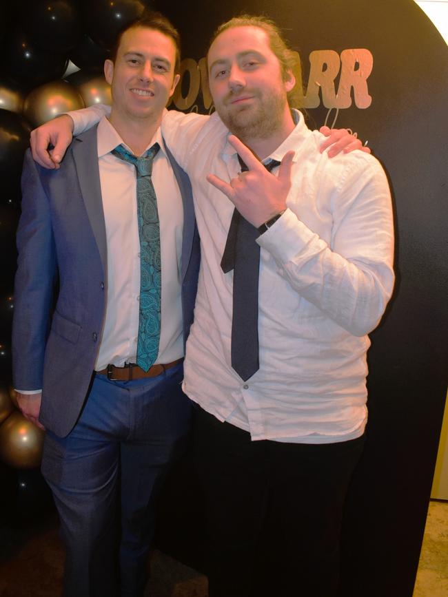 Sam Scammell and Aaron Amory having a great night at the Cowwarr Saints Football &amp; Netball Club Golden Gala Ball 2024. Picture: Jack Colantuono