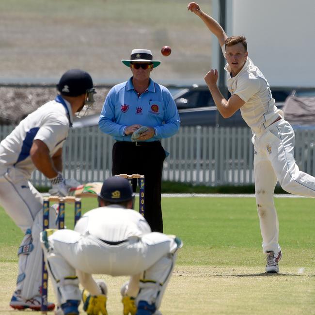 Men's Queensland Premier Cricket - Gold Coast Dolphins vs. Sandgate-Redcliffe. Dolphins bowler Matthew Kuhnemann appeals. (Photo/Steve Holland)