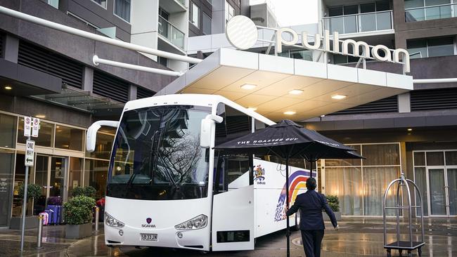 Buses ready for residents leaving the Pullman hotel on Saturday morning. Photo: MIKE BURTON