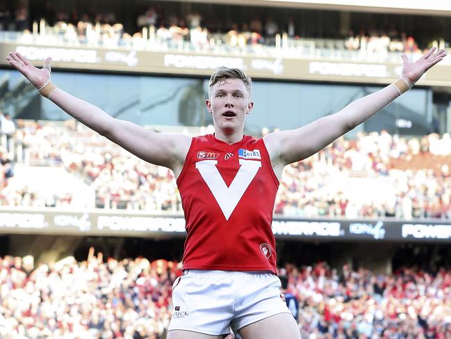 23/09/18 - SANFL - Grand Final - Norwood v North Adelaide at the Adelaide Oval. Alex Barns celebrates his goal. Picture SARAH REED