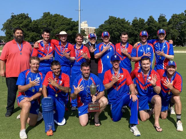 The Newcastle open men's representative cricket team after winning the 2023/24 NSW Country Championships final, their fifth in a row, at Newcastle's No.1 Sportsground on December 10, 2023. Photo: Alex Pichaloff