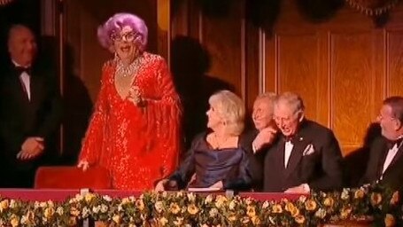 Dame Edna in the royal box with Camilla and Charles.