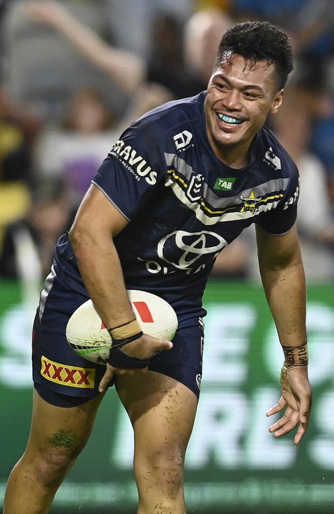 TOWNSVILLE, AUSTRALIA - JULY 01: Jeremiah Nanai of the Cowboys celebrates after scoring a try during the round 18 NRL match between North Queensland Cowboys and Wests Tigers at Qld Country Bank Stadium on July 01, 2023 in Townsville, Australia. (Photo by Ian Hitchcock/Getty Images)